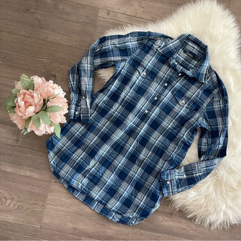 Ralph Lauren Blue Plaid Half Button‎ Tunic Flannel Top M
